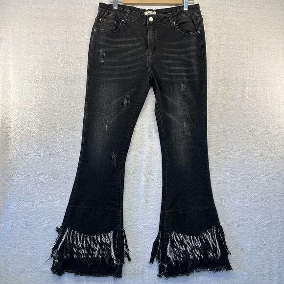 Luxe Moda Jeans Womens Sz 14 Black Fringe Boho Festival Chic Flare Denim Pants - Picture 1 of 11